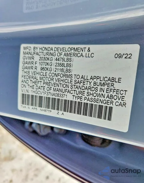 2022 Honda Accord Sport из США, поврежденный, VIN 1HGCV1F37NA083371